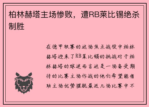 柏林赫塔主场惨败，遭RB莱比锡绝杀制胜