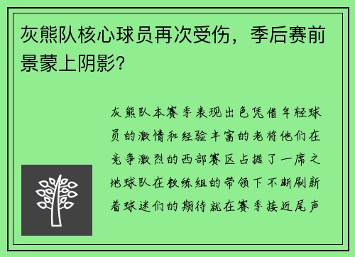 灰熊队核心球员再次受伤，季后赛前景蒙上阴影？